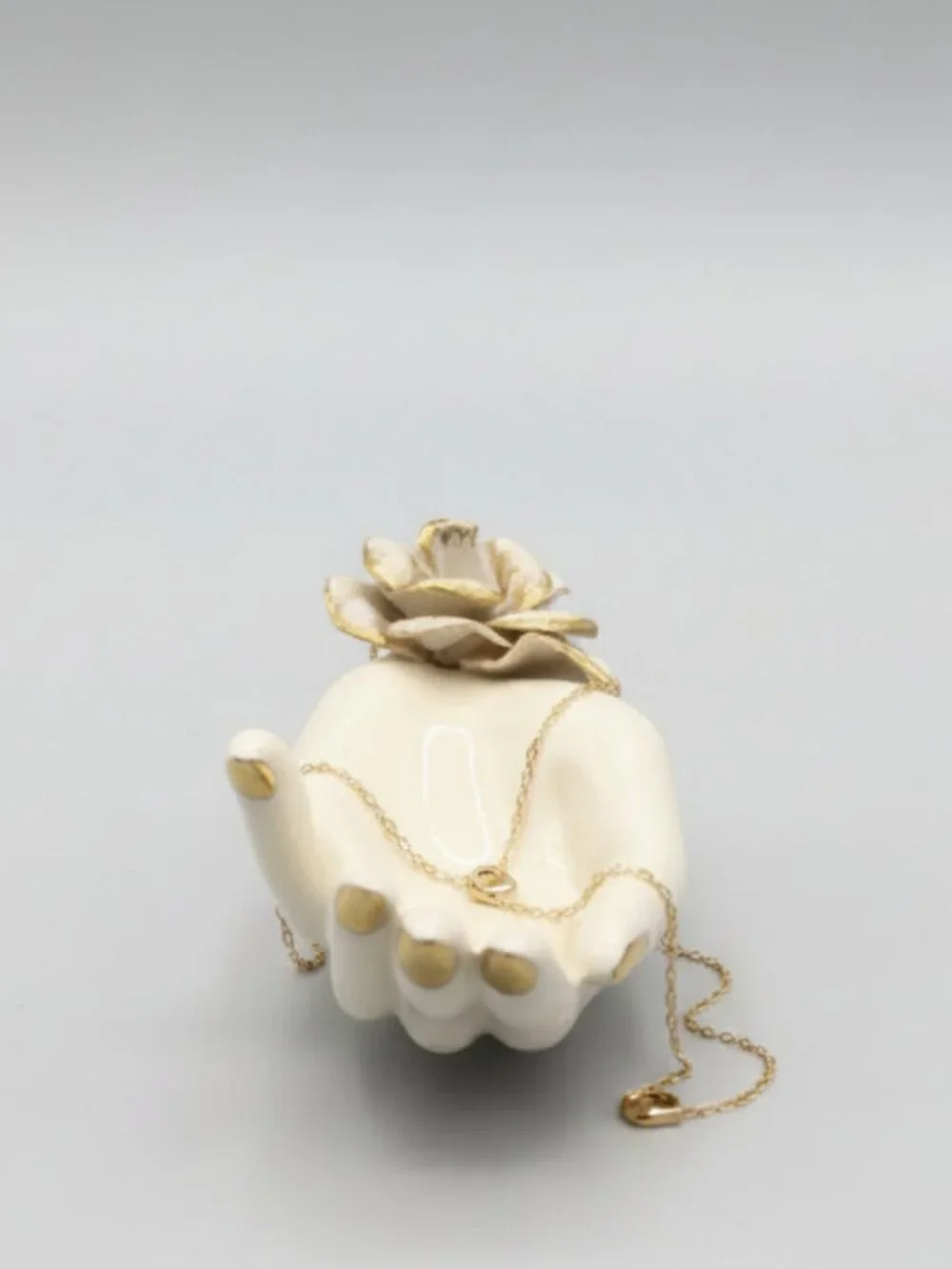 Vintage Mid-Century Porcelain Hand Jewelry Holder Ring Tree Vase Rose Gold Gilt